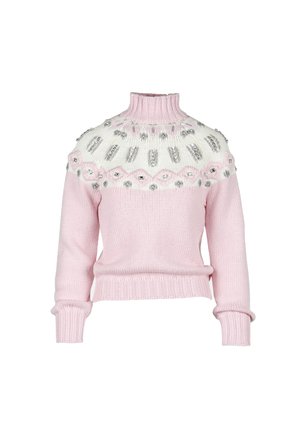 Maglione a collo alto rosa lavorato a maglia con yoke bianco, decorato con applicazioni di paillettes argento e polsini e orlo a costine.
