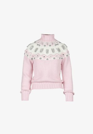 Maglione a collo alto rosa lavorato a maglia con yoke bianco, decorato con applicazioni di paillettes argento e polsini e orlo a costine.