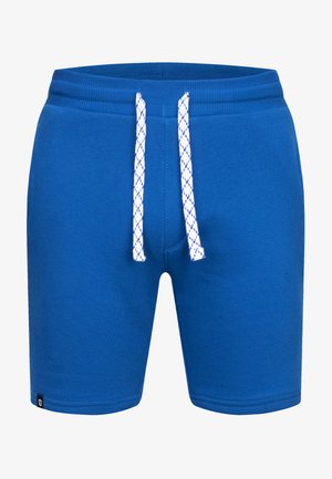 Shorts en coton bleu avec une taille texturée, cordon blanc avec un motif en diamants, et un petit logo sur l'ourlet.