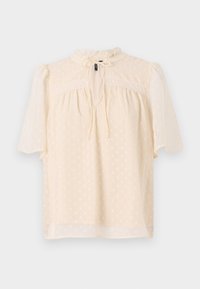 Lys beige bluse med puffede ærmer, struktureret stof med subtile prikker, nøglehul-neck med bånd og blondebesætning langs skulderpartiet.