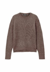 Brun sweater lavet af struktureret strikket stof med rund halsudskæring og et skjult logo mønster på forsiden. Korte kant og lange ærmer.