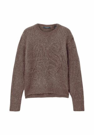 Brun sweater lavet af struktureret strikket stof med rund halsudskæring og et skjult logo mønster på forsiden. Korte kant og lange ærmer.