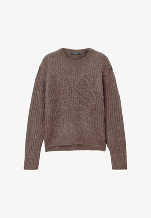 Bruine trui gemaakt van gestructureerde gebreide stof met een ronde hals en een verborgen logo patroon aan de voorkant. Afgeknipte zoom en lange mouwen.