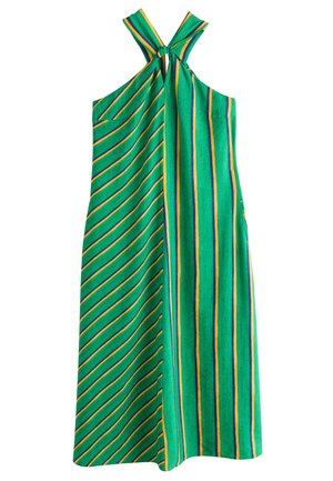 Sleeveless green dress with vertical and diagonal yellow, purple, and black stripes, featuring an X-shaped knot detail at the neckline.