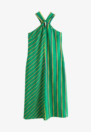 Sleeveless green dress with vertical and diagonal yellow, purple, and black stripes, featuring an X-shaped knot detail at the neckline.
