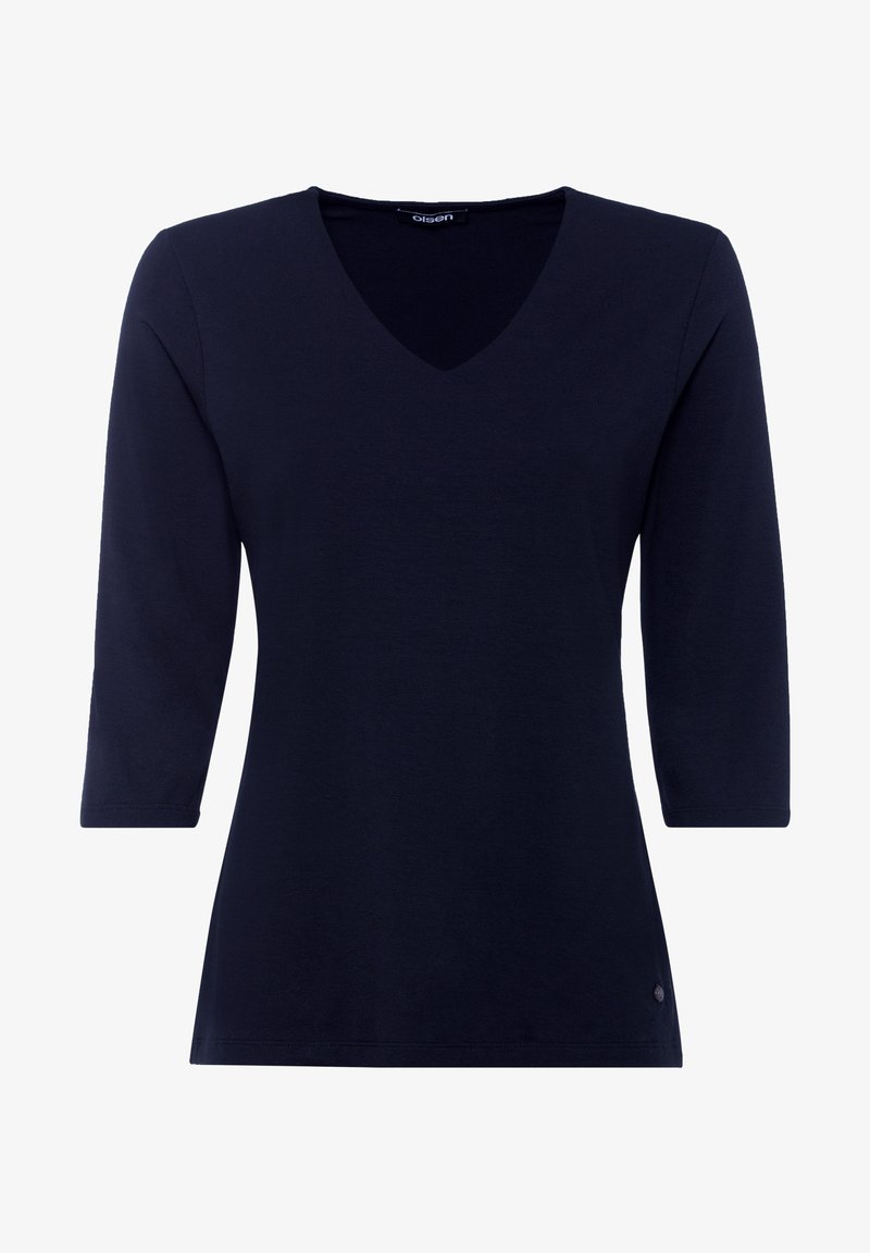 Navyblauw, V-hals, driekwart mouwen top gemaakt van een zachte katoenmix. Heeft een lichte flare aan de zoom en een klein logo-accent onderaan.
