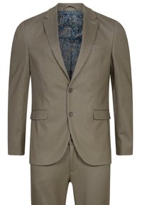 Abito a scacchi marrone chiaro con giacca a due bottoni, revers a punta e tasche angolate. All'interno presenta un motivo paisley blu.