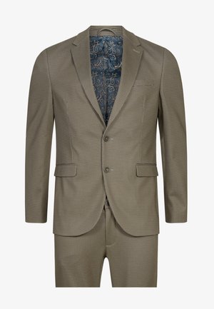 Light brown checked suit with a two-button jacket, notch lapels, and angled pockets. Inside features a blue paisley pattern.