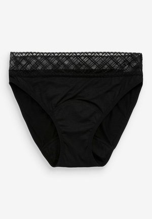 Zwarte katoenen onderbroek met een doorschijnende zwarte kanten tailleband met een diamantpatroon. De voorkant heeft een gladde textuur zonder extra versieringen.