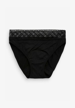 Zwarte katoenen onderbroek met een doorschijnende zwarte kanten tailleband met een diamantpatroon. De voorkant heeft een gladde textuur zonder extra versieringen.