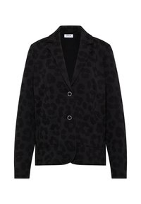 Zwarte blazer met een subtiel luipaardpatroon, twee voorkruiszakken en een enkele knoopsluiting. Gemaakt van een textuurstof.