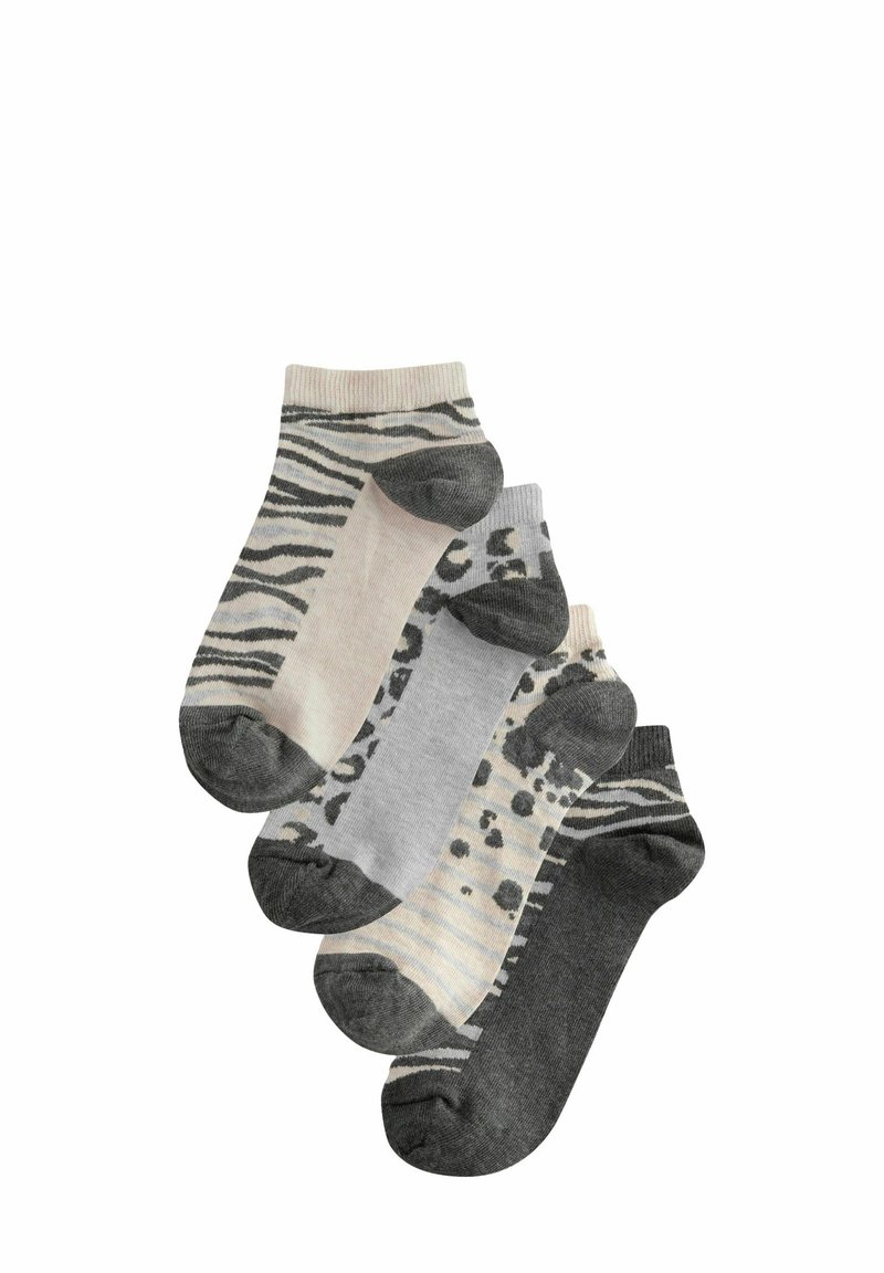Set od četiri kratke čarape s uzorcima životinja: crno-siva zebra, leopard, i pruge na različitim svijetlim i tamnim podlogama.