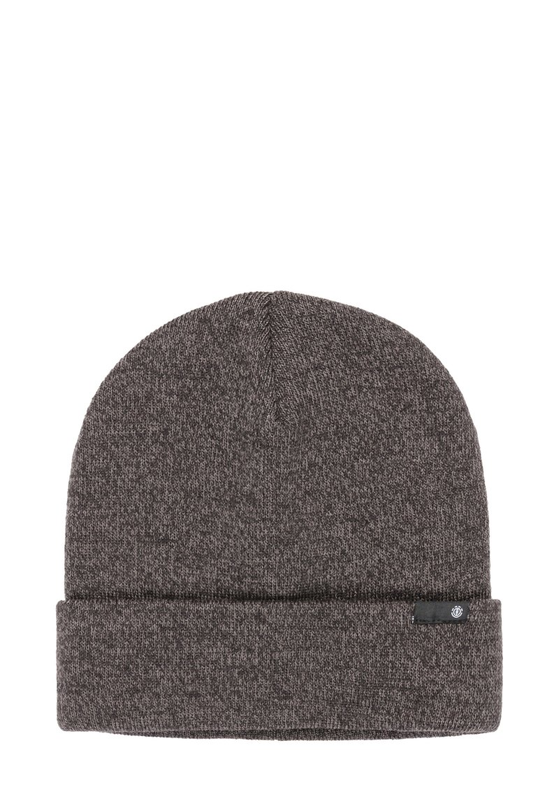 Grijze gebreide beanie muts met een omgeslagen rand, met een soepele textuur en een klein label aan de zijkant.