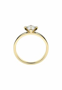 Guldring med en rund diamant. Ringen har en slät och smal design, med en fyrklorinställning som lyfter stenen på ett framträdande sätt.