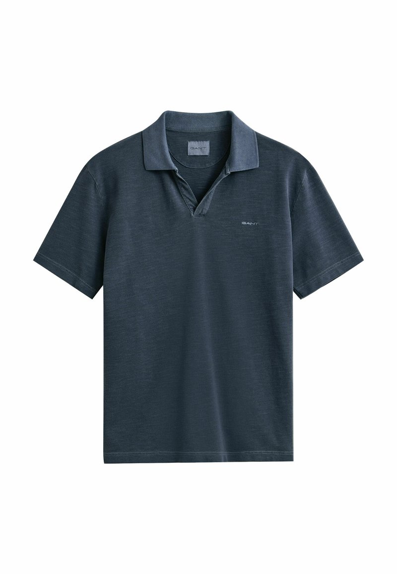 Dunkelgraues Kurzarm-Poloshirt mit Kragen, kleinem V-Ausschnitt und GANT-Logo auf der linken Brustseite.