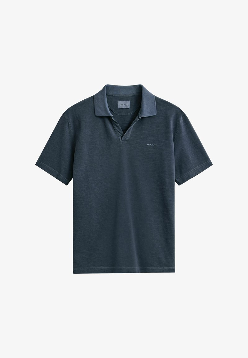 Dunkelgraues Kurzarm-Poloshirt mit Kragen, kleinem V-Ausschnitt und GANT-Logo auf der linken Brustseite.