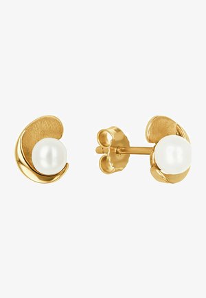 Orecchini a perno in tono oro con un design a spirale testurizzato, ciascuno adornato con una perla bianca rotonda e liscia al centro.