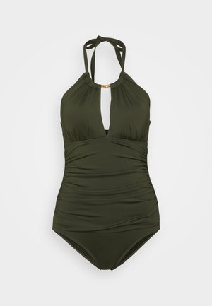 Costume da bagno intero verde oliva con allacciatura al collo, design con apertura a chiave sul davanti, lati arricciati e un accento dorato sul collo.