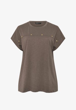 Braunes kurzärmeliges, locker sitzendes Oberteil mit rundem Ausschnitt und dekorativen kleinen goldfarbenen Nieten über Brust und Ärmeln.