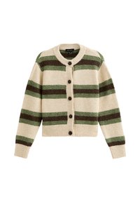 Cardigan crema con strisce verde scuro e marrone. Presenta un colletto tondo, chiusura a bottoni e polsini e orlo a costine. Tessuto morbido e texture.