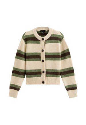 Cárdigan crema con rayas en verde oscuro y marrón. Presenta un cuello redondo, cierre de botones y puños y dobladillo acanalados. Tejido suave y texturizado.