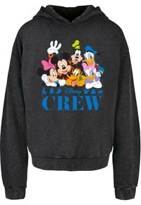 Czarny polarowy hoodie z grafiką z przodu przedstawiającą Myszkę Mickey, Myszkę Minnie, Kaczora Donalda, Goofiego i Plutona. Napis "Disney CREW" na niebiesko.