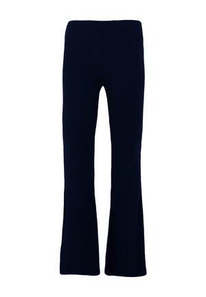 Pantalon noir taille haute avec un design de jambe évasée, présenté à plat sur un fond blanc.