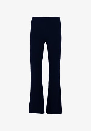 Zwarte hoge taillebroek met een uitlopende pijp, plat weergegeven tegen een witte achtergrond.