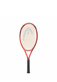 Tennisracket met een rood en zwart frame, gestructureerde zwarte greep en oranje snaren. Ovale kopvorm met een open snarenpatroon.