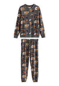 Ensemble de pyjama en tissu doux gris avec des imprimés d'animaux ludiques, comprenant des ours et des citrouilles, avec une taille élastique sur le pantalon.