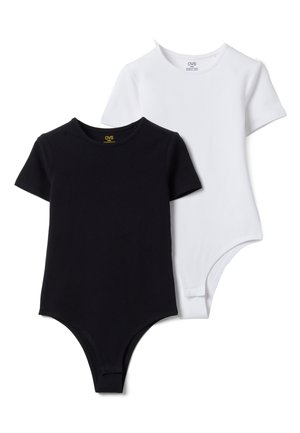 Dos bodis de manga corta para niños, uno negro y otro blanco, con escote redondo y cierres a presión en la parte inferior.