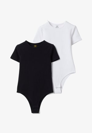 Zwei kurzärmelige Bodys für Kinder, eines schwarz und eines weiß, mit rundem Ausschnitt und Druckknöpfen im Schritt.