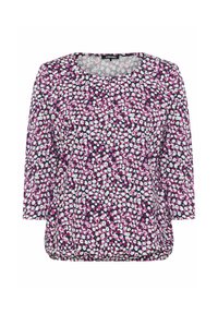 Floral print blouse in purple, pink, and white on a dark background; round neckline, three-quarter sleeves, and gathered sides.