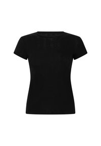 Zwart T-shirt met korte mouwen en een ronde hals. Gemaakt van een gladde stof, met subtiele textuurdetails op de voorkant. Klassieke pasvorm.