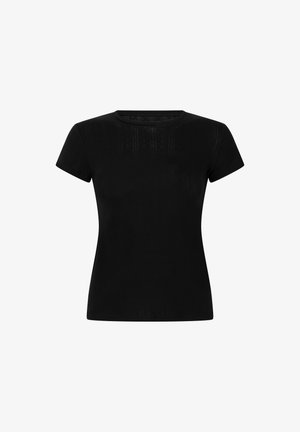 Black short-sleeve t-shirt with a round neckline. Made of a smooth fabric, featuring subtle texture details on the front. Classic fit.