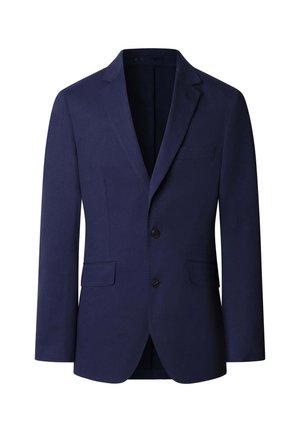 Navyblaues Herrenblazer mit Reverskragen, Zwei-Knopf-Verschluss, Klappentaschen und einer Brustleistentasche, auf einem weißen Hintergrund präsentiert.