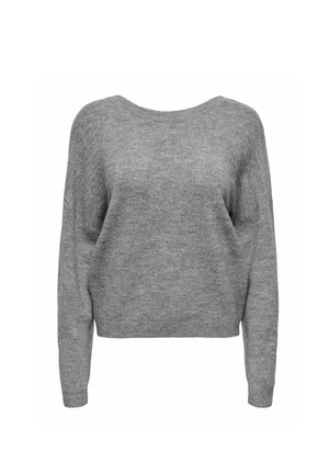 Pulover gri scurt, cu decolteu larg, mâneci lungi și un material tricotat moale, texturat. Design simplu, fără modele sau embellishments.