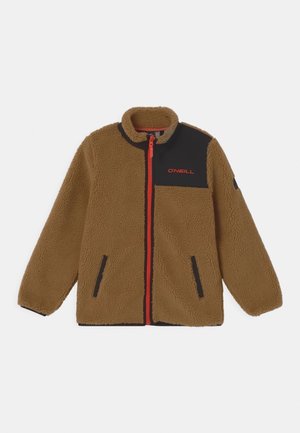 Brown fleece jacket with black chest panel, red zipper, side pockets, and O'Neill logo on the chest.