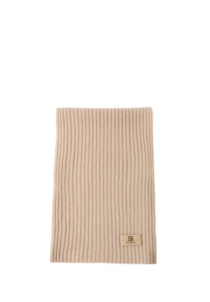 Collo in maglia a costine beige con una consistenza morbida e un'etichetta di marca cucita. Il design presenta linee verticali su tutta la superficie.