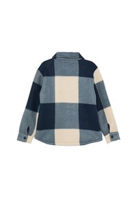 Fleece shirtjack in een marineblauwe en crème geruite patroon, voorzien van een kraag, knoopmanchetten en een zachte textuur. Standaard pasvorm, casual ontwerp.