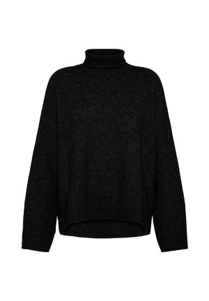 Black turtleneck sweater with a relaxed fit, long sleeves, and ribbed hem. Made from textured fabric, featuring a cropped design.