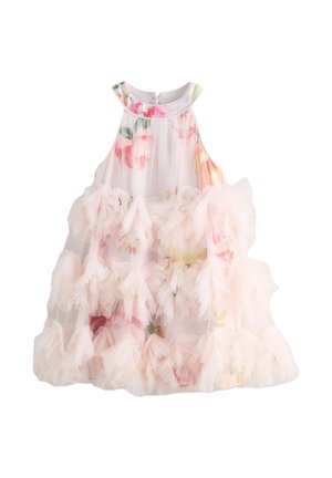 Ärmelloses weißes Kleid mit pink-gelben Blumenprints und geschichteten pinken Tüllrüschen, mit rundem Ausschnitt und Blumendetail.