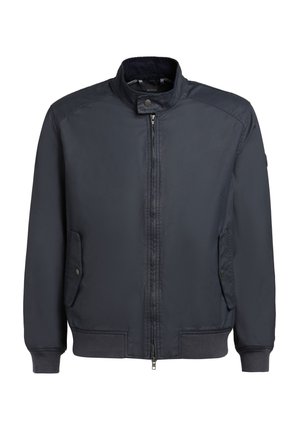 Marineblauw bomberjack met ritssluiting aan de voorkant, kraag met drukknoop, twee voorzakken met klep, geribbelde boorden en zoom.