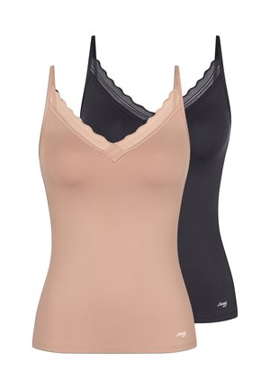 Zwei ärmellose Damen-Camisoles mit spitzenbesetzten V-Ausschnitten in Beige und Schwarz, mit kleinem gedrucktem Markenlogo in Saumnähe.