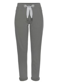 Graue Jogginghose mit schmaler Passform, elastischem Bund und weißem Kordelzug. Mit Seitentaschen und bündchenähnlichen Beinen. Weiche Stoffstruktur.
