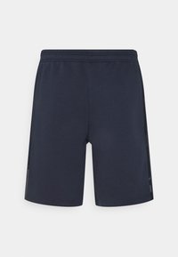 Marineblaue Sportshorts mit elastischem Bund, glatter Textur und seitlichen Akzenten mit einem subtilen Muster. Gesamtlänge bis zur Mitte des Oberschenkels.