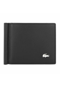 Portefeuille en cuir noir avec une texture lisse, de forme rectangulaire, et un logo de crocodile en argent à l'avant. Design plié pour un rangement compact.