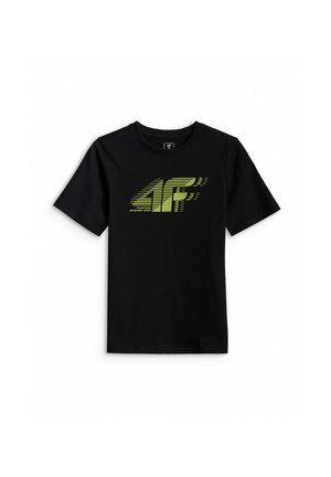 Czarny t-shirt z krótkim rękawem z żółtym paskowanym logo "4F" i małym napisem "Purpose in every step" na piersi.