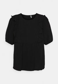 Blusa preta com mangas curtas bufantes, apresentando detalhes em babados e painéis texturizados no centro. Feita de um tecido leve.