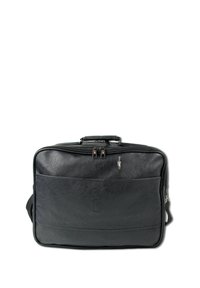 Zwarte leren aktetas met een gestructureerd oppervlak, dubbele ritssluiting, voorvak en afneembare schouderriem. Rechthoekige vorm.